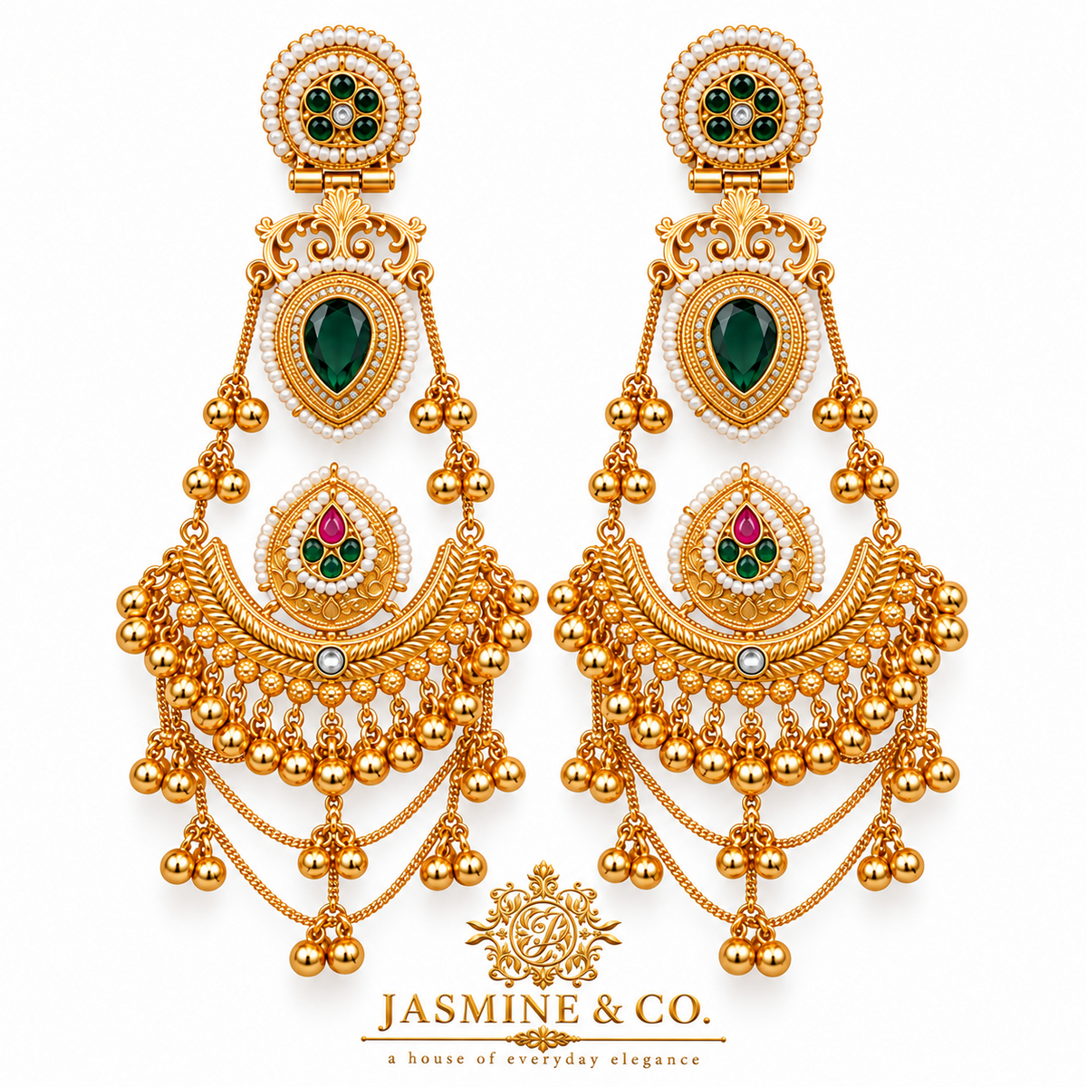 Traditional Kashmiri Long Jhumka-Style Earrings – Dark Green Stone