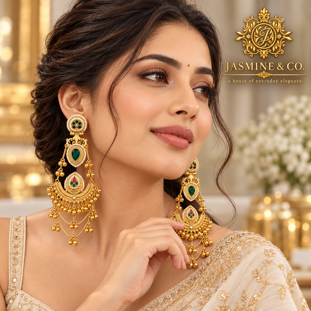 Traditional Kashmiri Long Jhumka-Style Earrings – Dark Green Stone