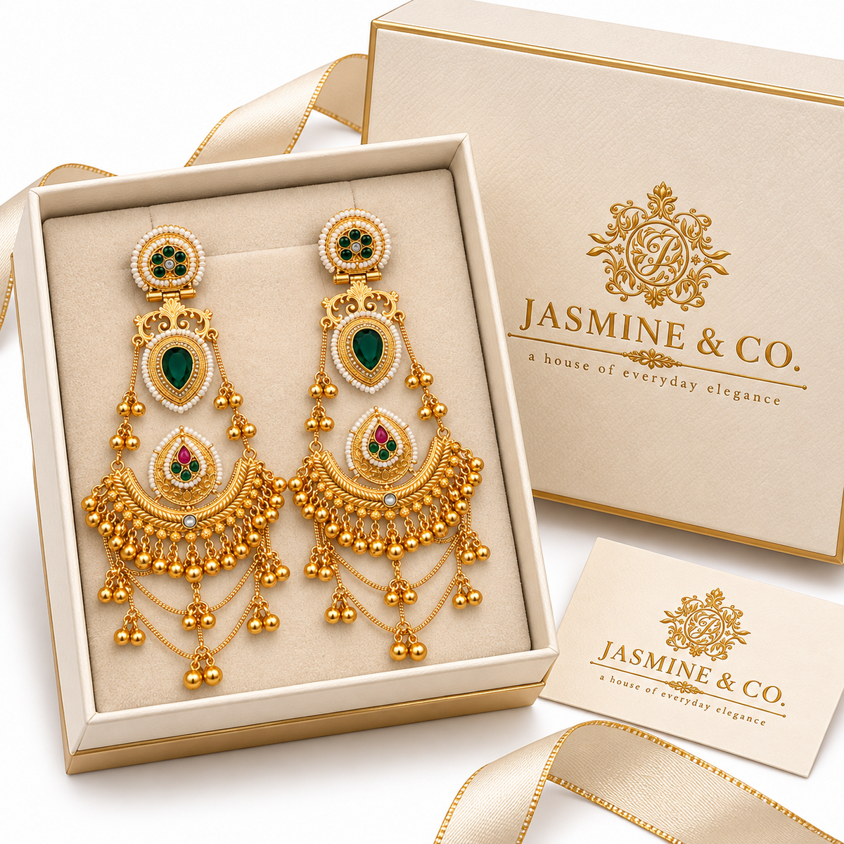 Traditional Kashmiri Long Jhumka-Style Earrings – Dark Green Stone