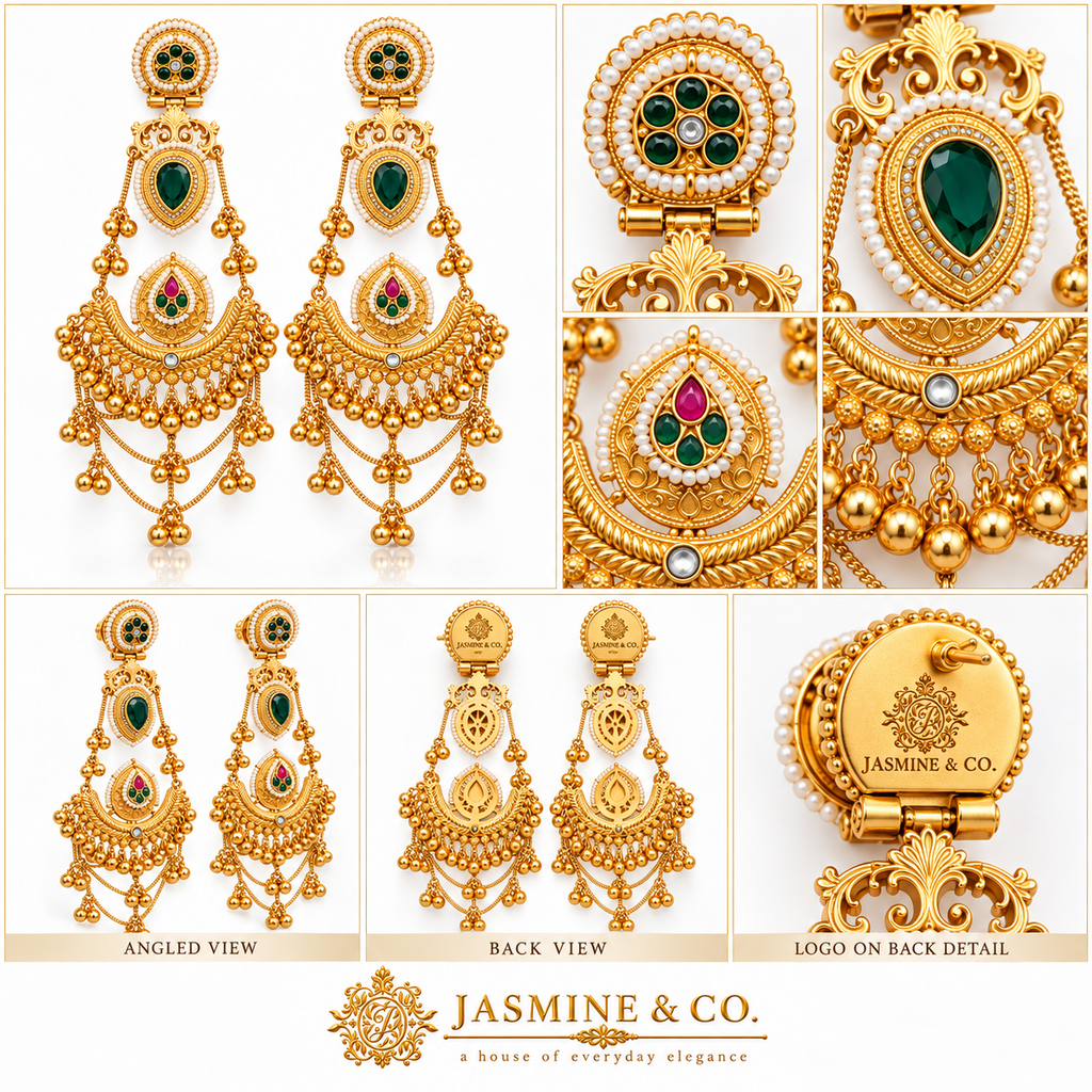 Traditional Kashmiri Long Jhumka-Style Earrings – Dark Green Stone