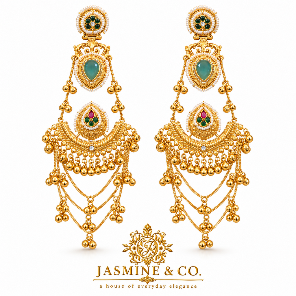 Traditional Kashmiri Long Jhumka-Style Earrings – Light Green Stone