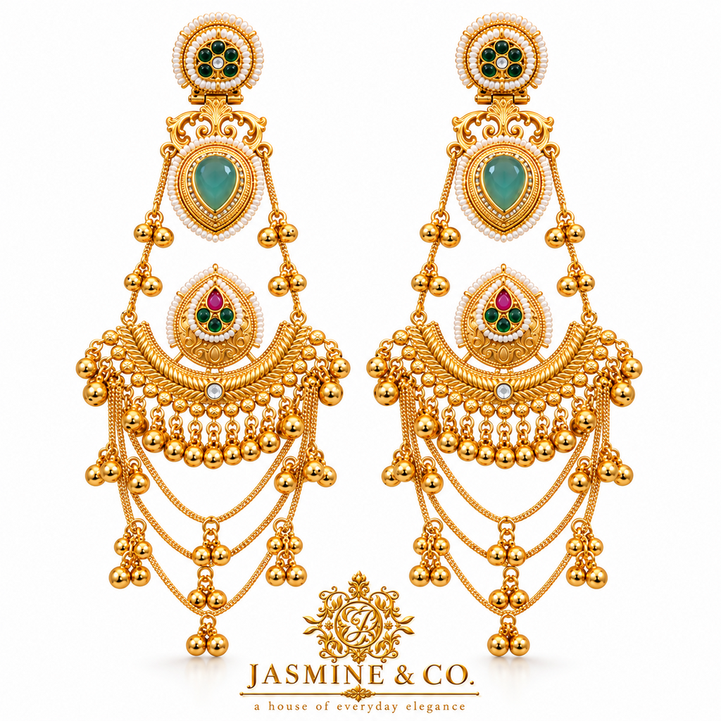 Traditional Kashmiri Long Jhumka-Style Earrings – Light Green Stone