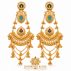 Traditional Kashmiri Long Jhumka-Style Earrings – Light Green Stone