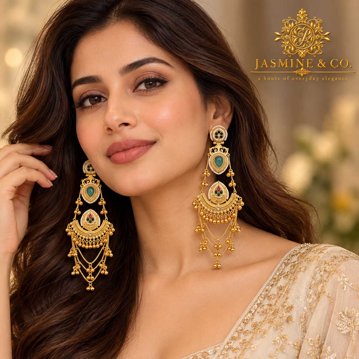Traditional Kashmiri Long Jhumka-Style Earrings – Light Green Stone