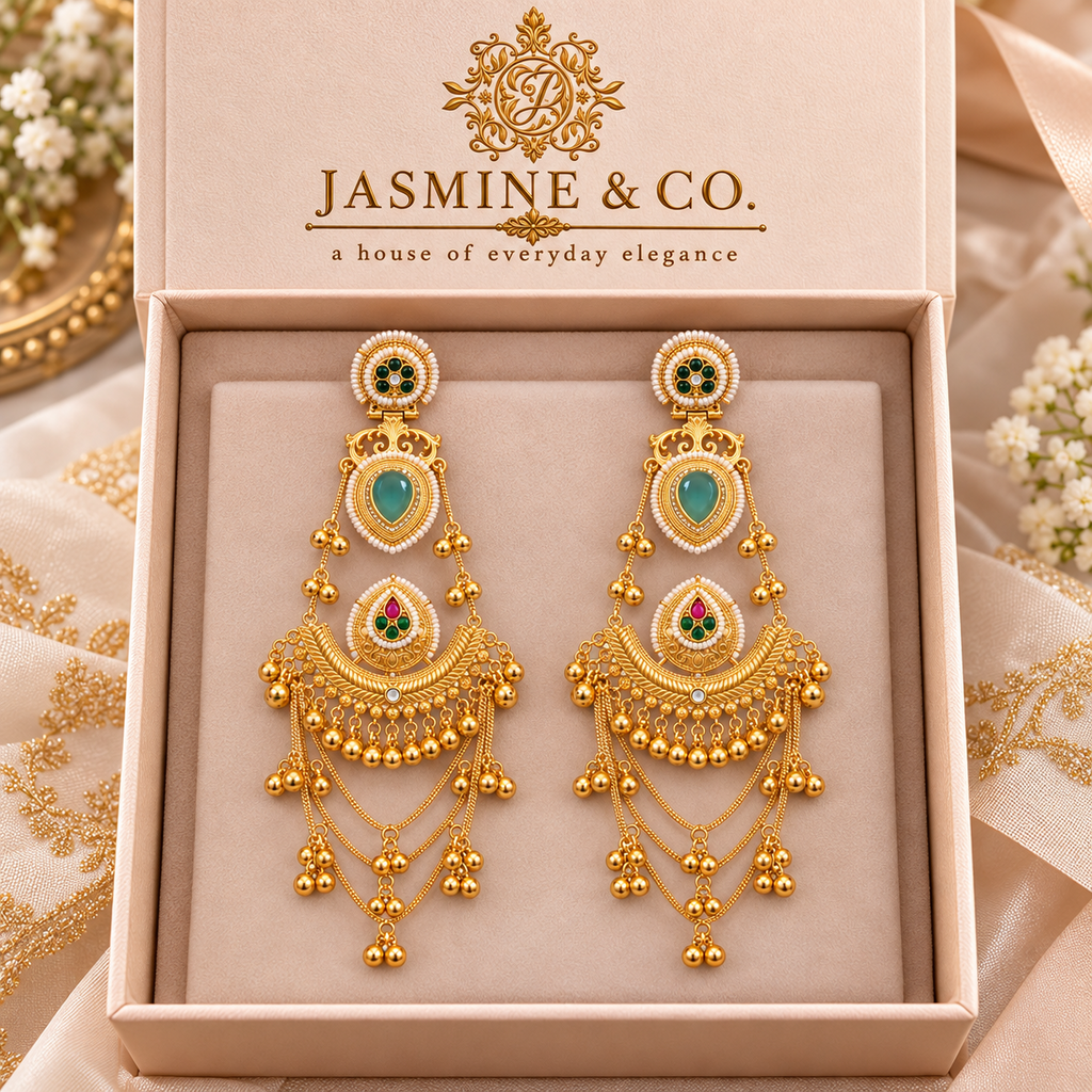 Traditional Kashmiri Long Jhumka-Style Earrings – Light Green Stone