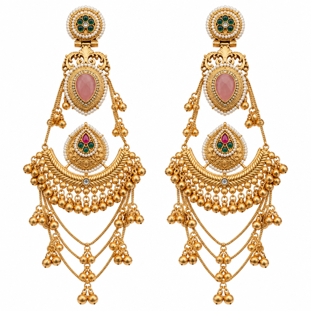 Traditional Kashmiri Long Jhumka-Style Earrings – Pink Stone