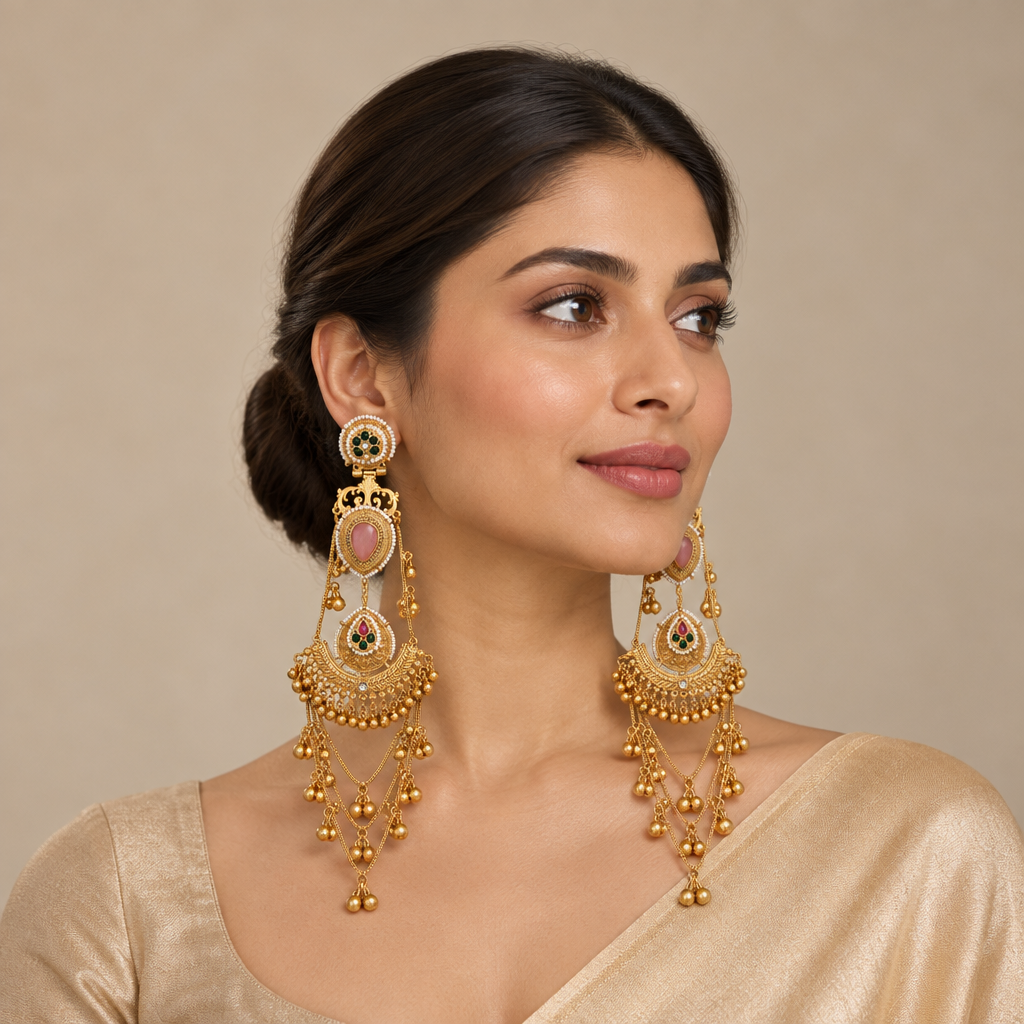 Traditional Kashmiri Long Jhumka-Style Earrings – Pink Stone