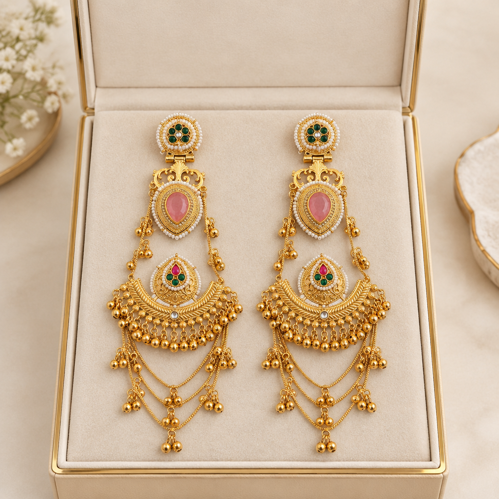 Traditional Kashmiri Long Jhumka-Style Earrings – Pink Stone