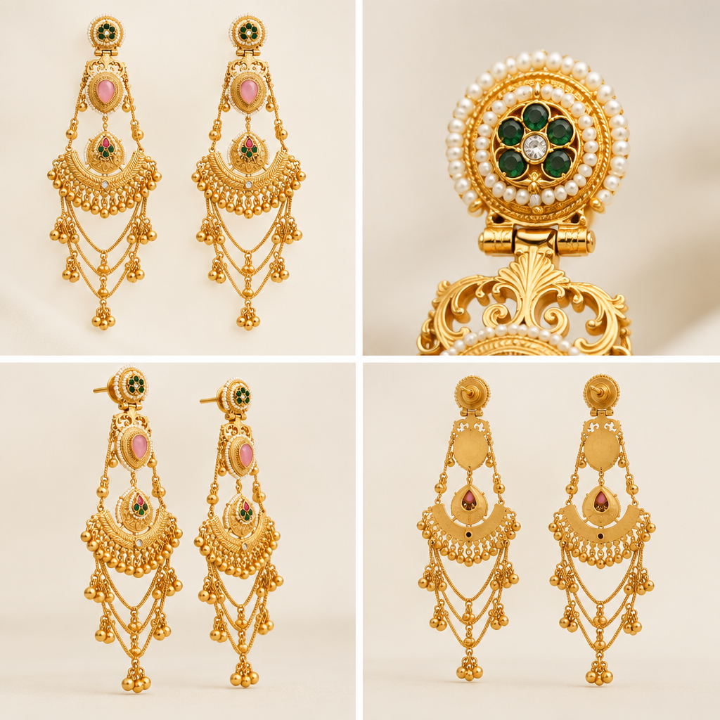 Traditional Kashmiri Long Jhumka-Style Earrings – Pink Stone