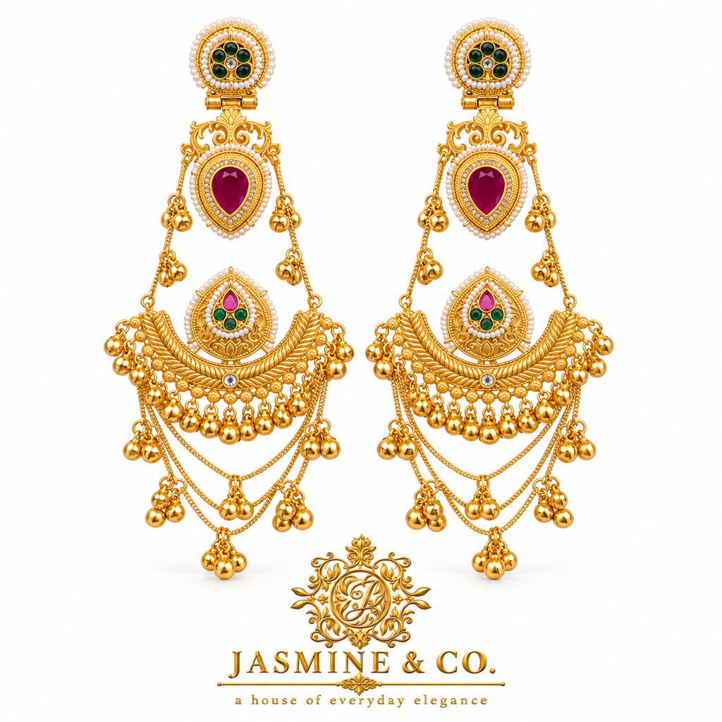 Traditional Kashmiri Long Jhumka-Style Earrings – Red Stone