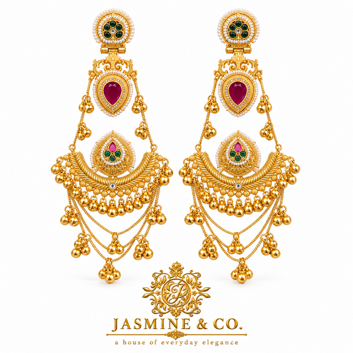 Traditional Kashmiri Long Jhumka-Style Earrings – Red Stone