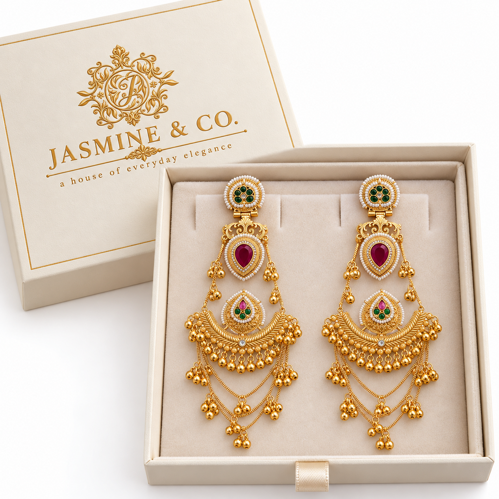 Traditional Kashmiri Long Jhumka-Style Earrings – Red Stone