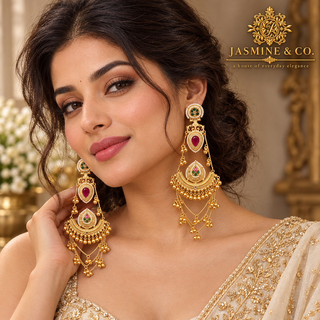 Traditional Kashmiri Long Jhumka-Style Earrings – Red Stone
