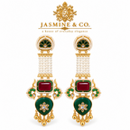 Pair of red and green Kashmiri-style earrings with pearl strands on white background