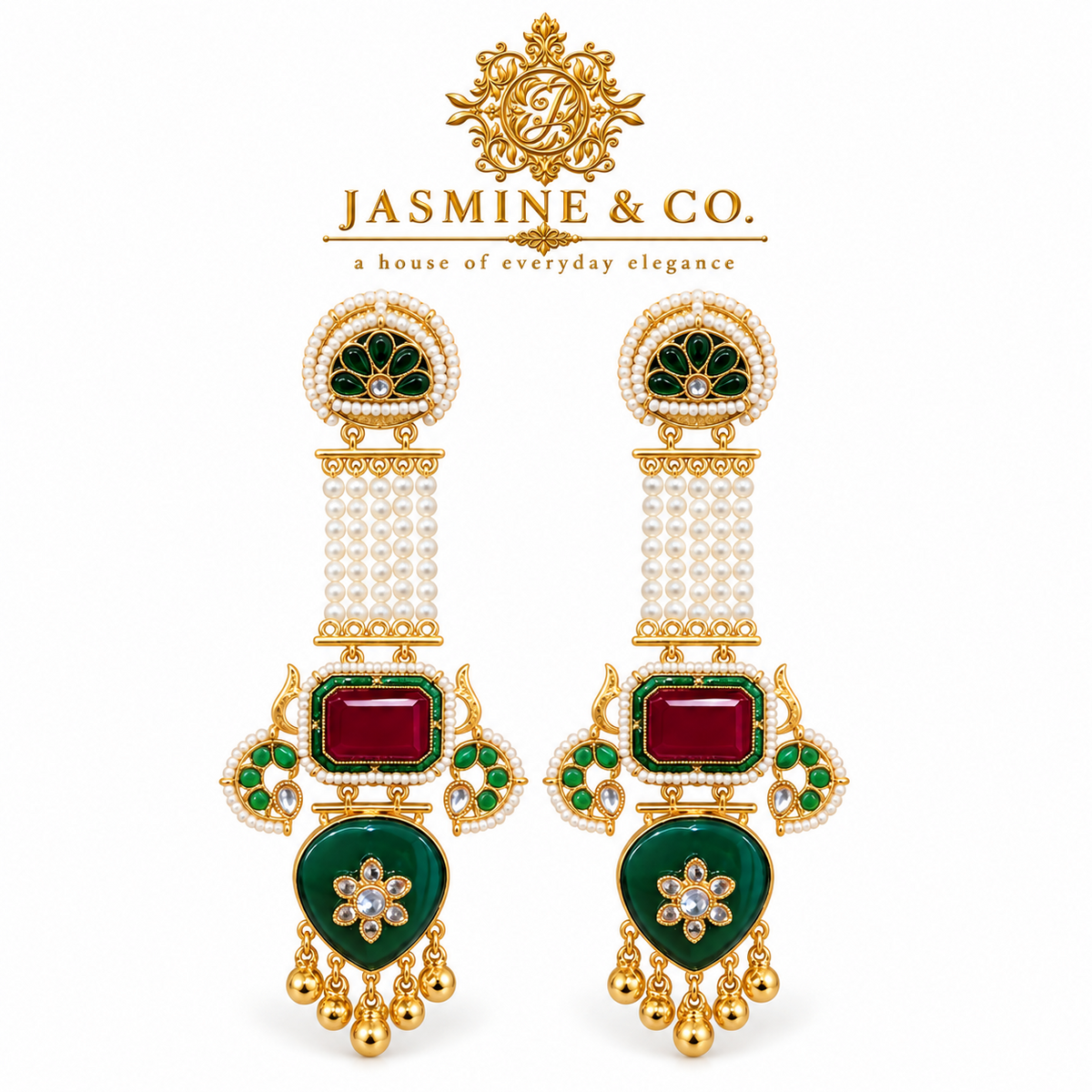 Pair of red and green Kashmiri-style earrings with pearl strands on white background