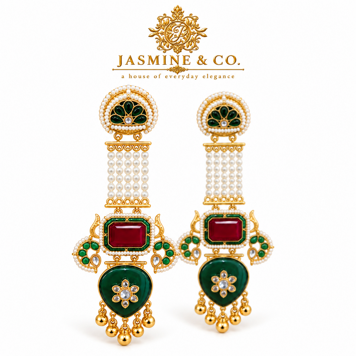 Front and depth-of-field product view of red and green Kashmiri earrings