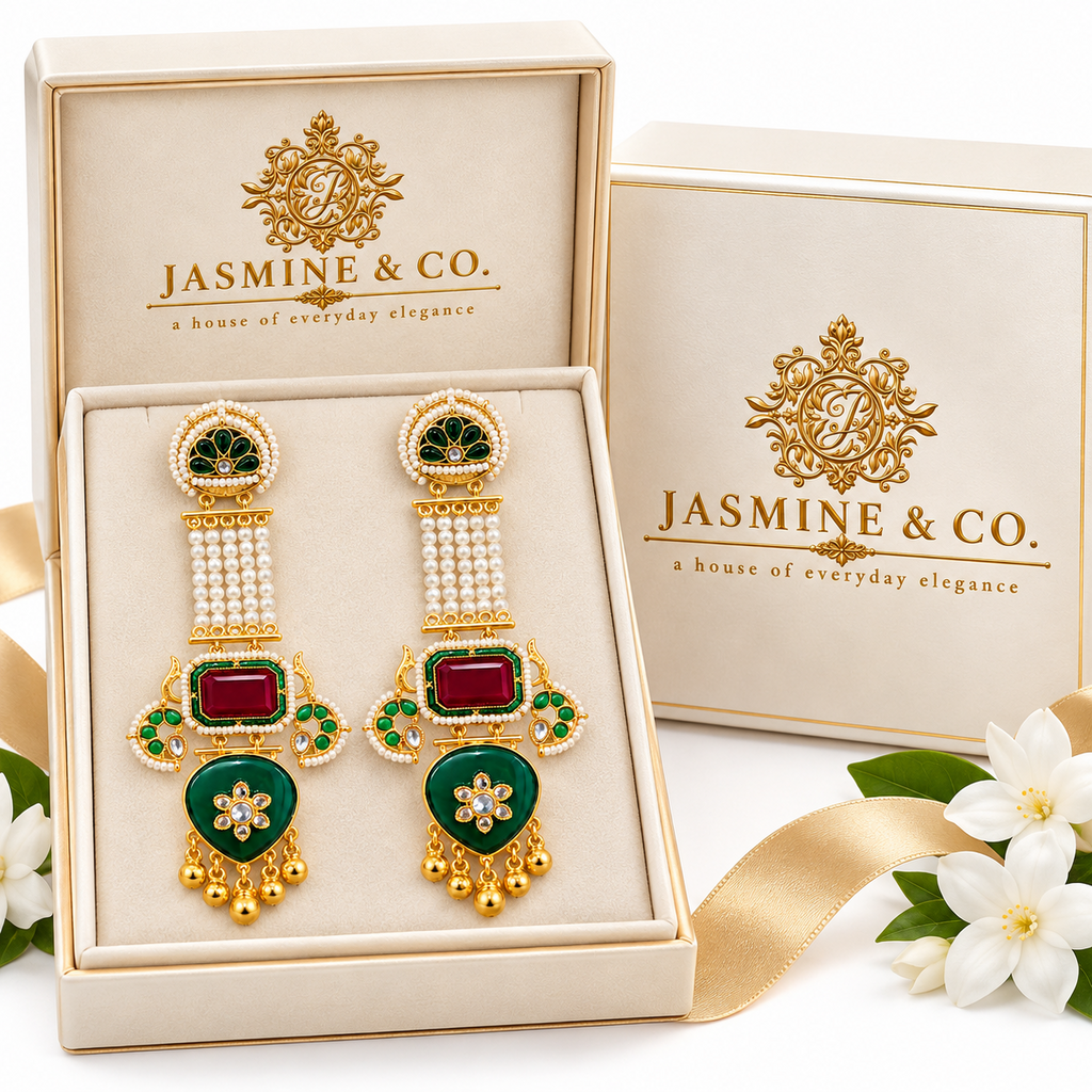 Kashmiri earrings in Jasmine & Co branded jewellery gift box