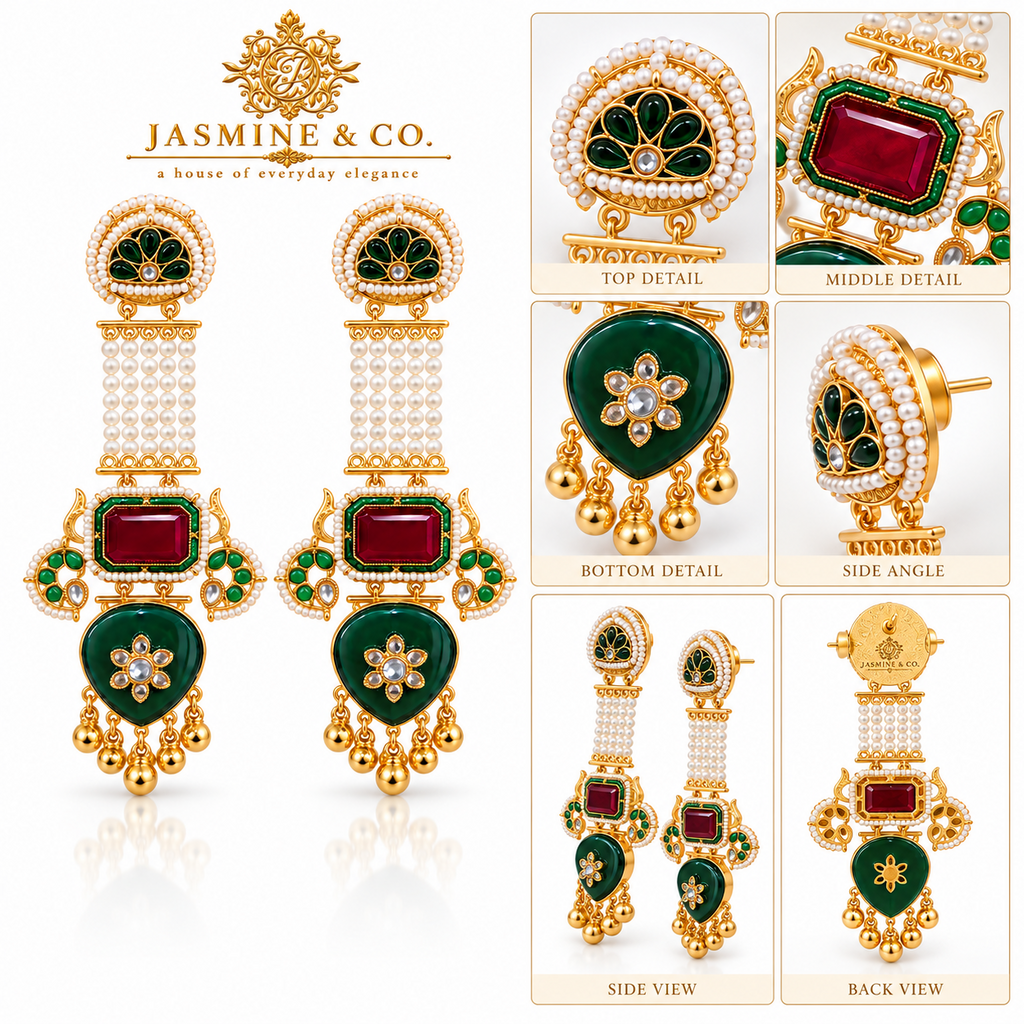 Five-view details and reverse of the Kashmiri earrings