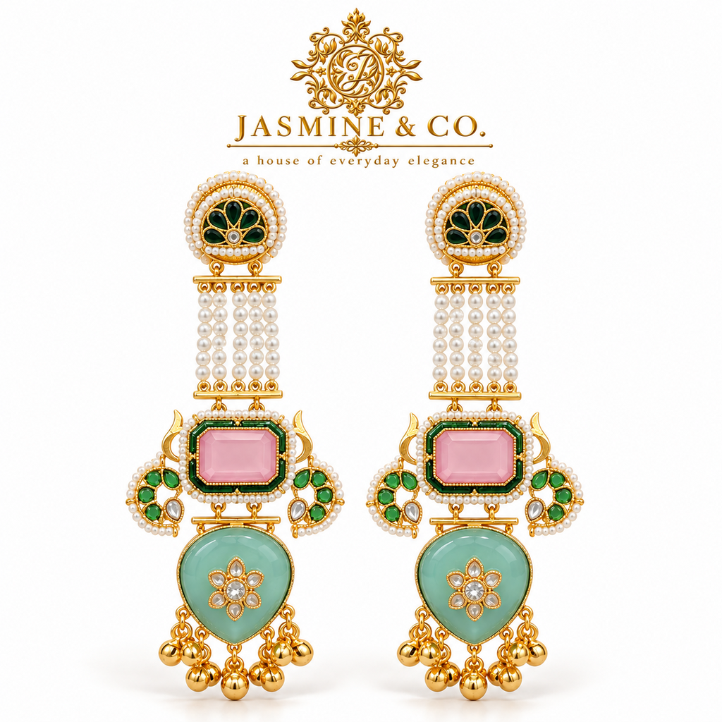Jasmine and Co pink and sea-green gold plated Kashmiri long earrings — studio front view of earring pair