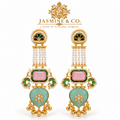 Jasmine and Co pink and sea-green gold plated Kashmiri long earrings — studio front view of earring pair