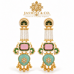 Jasmine and Co pink and sea-green gold plated Kashmiri long earrings — studio front view of earring pair