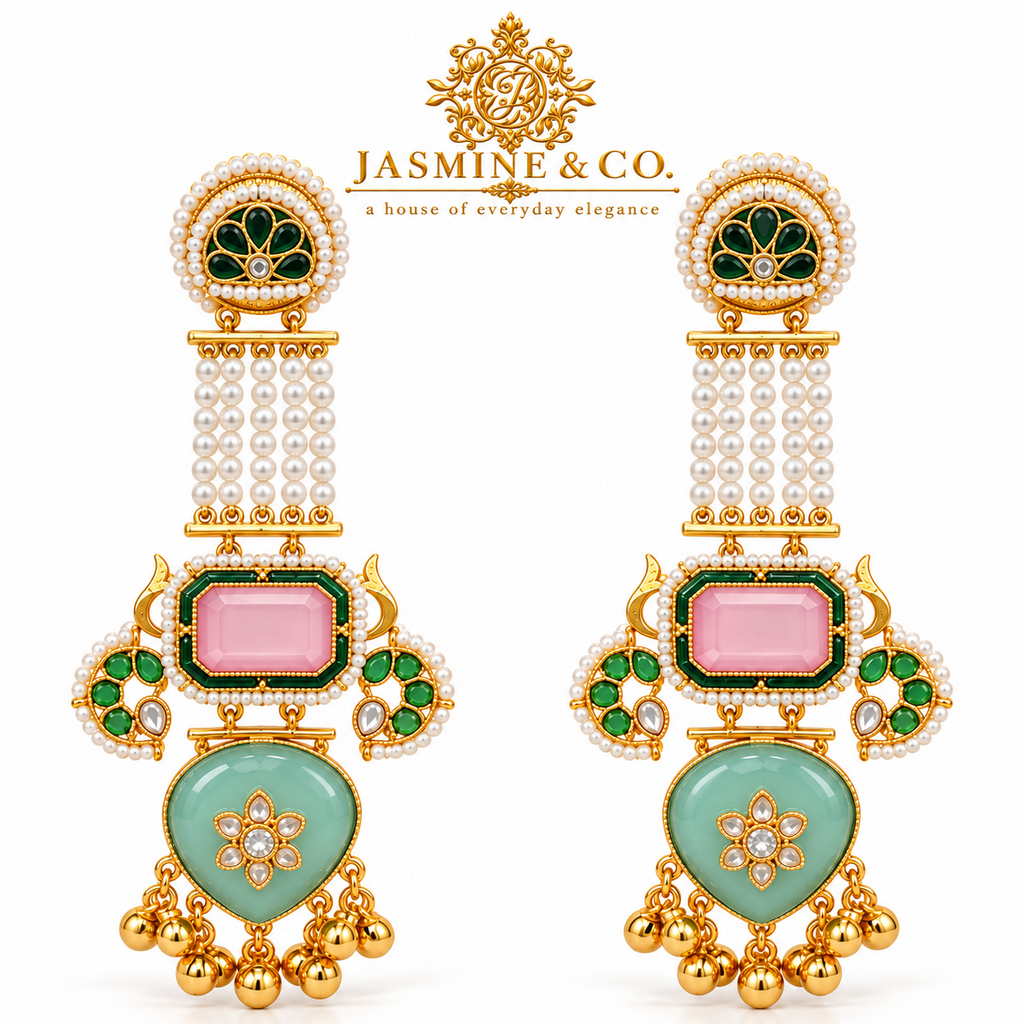 Jasmine and Co pink and sea-green gold plated Kashmiri long earrings — detail close-up of pair