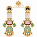 Jasmine and Co pink and sea-green gold plated Kashmiri long earrings — detail close-up of pair