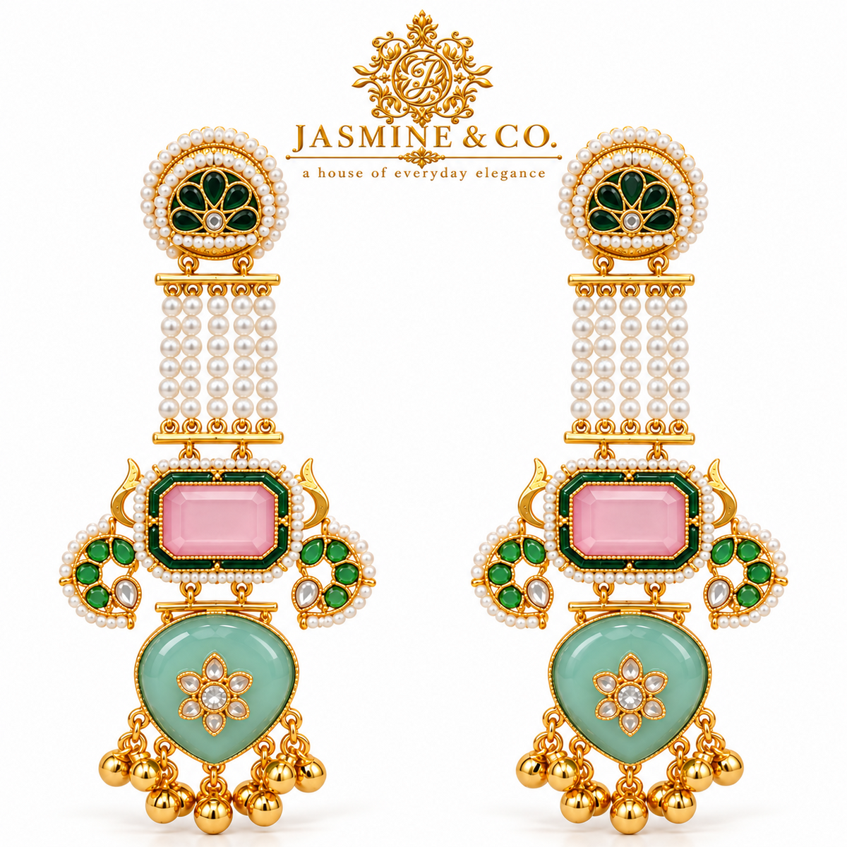 Jasmine and Co pink and sea-green gold plated Kashmiri long earrings — detail close-up of pair