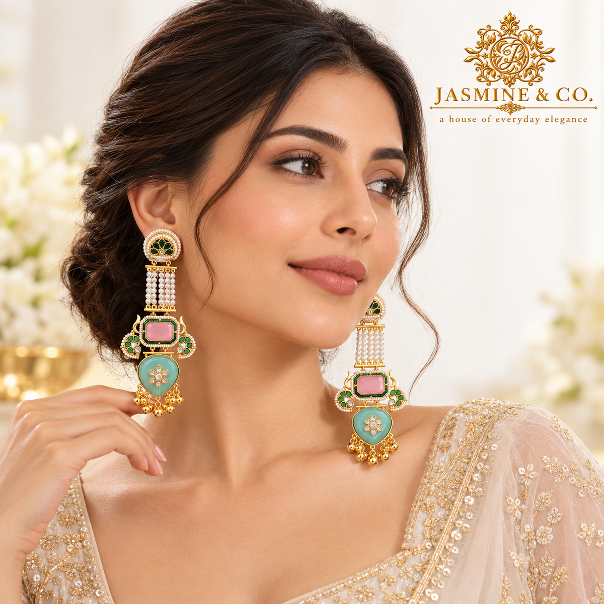 Jasmine and Co pink and sea-green gold plated Kashmiri long earrings — model wearing the earrings