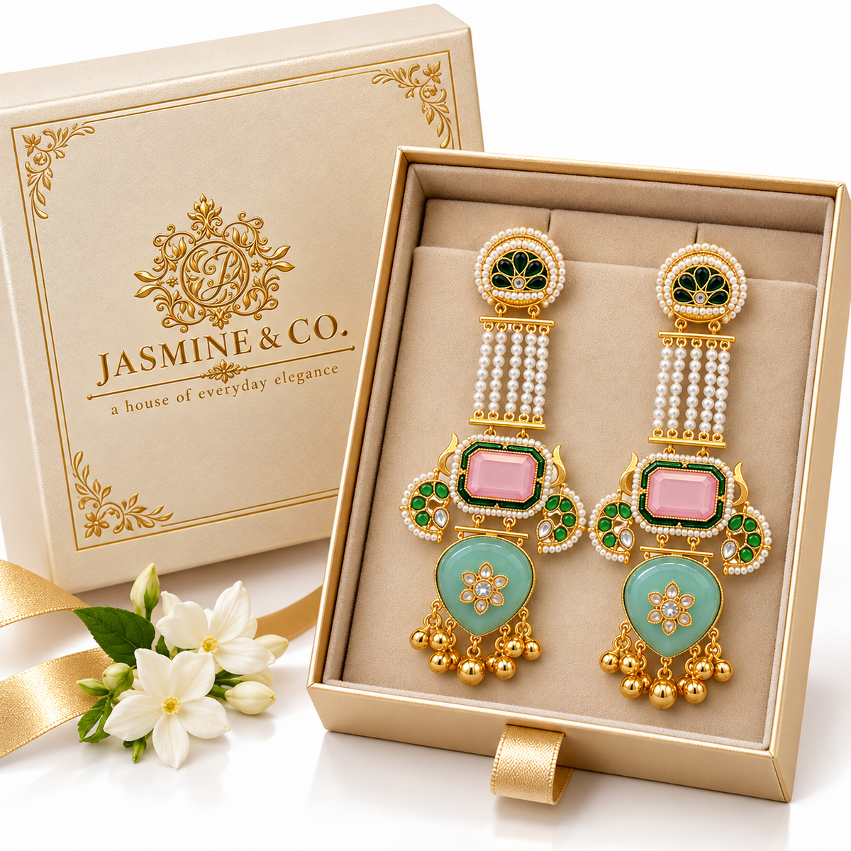 Jasmine and Co pink and sea-green gold plated Kashmiri long earrings — earring pair in Jasmine and Co branded gift box
