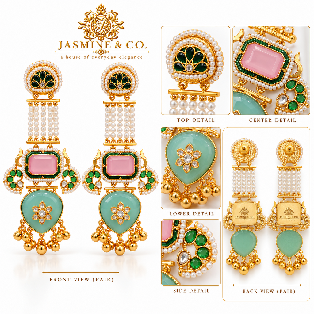 Jasmine and Co pink and sea-green gold plated Kashmiri long earrings — multi-angle collage with back view of earrings