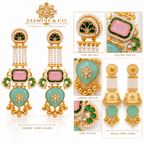 Jasmine and Co pink and sea-green gold plated Kashmiri long earrings — multi-angle collage with back view of earrings