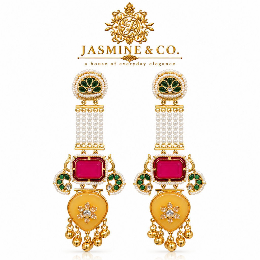 Jasmine and Co red and yellow gold plated Kashmiri long earrings — studio front view of earring pair