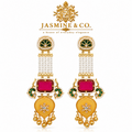 Jasmine and Co red and yellow gold plated Kashmiri long earrings — studio front view of earring pair