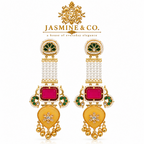 Jasmine and Co red and yellow gold plated Kashmiri long earrings — studio front view of earring pair