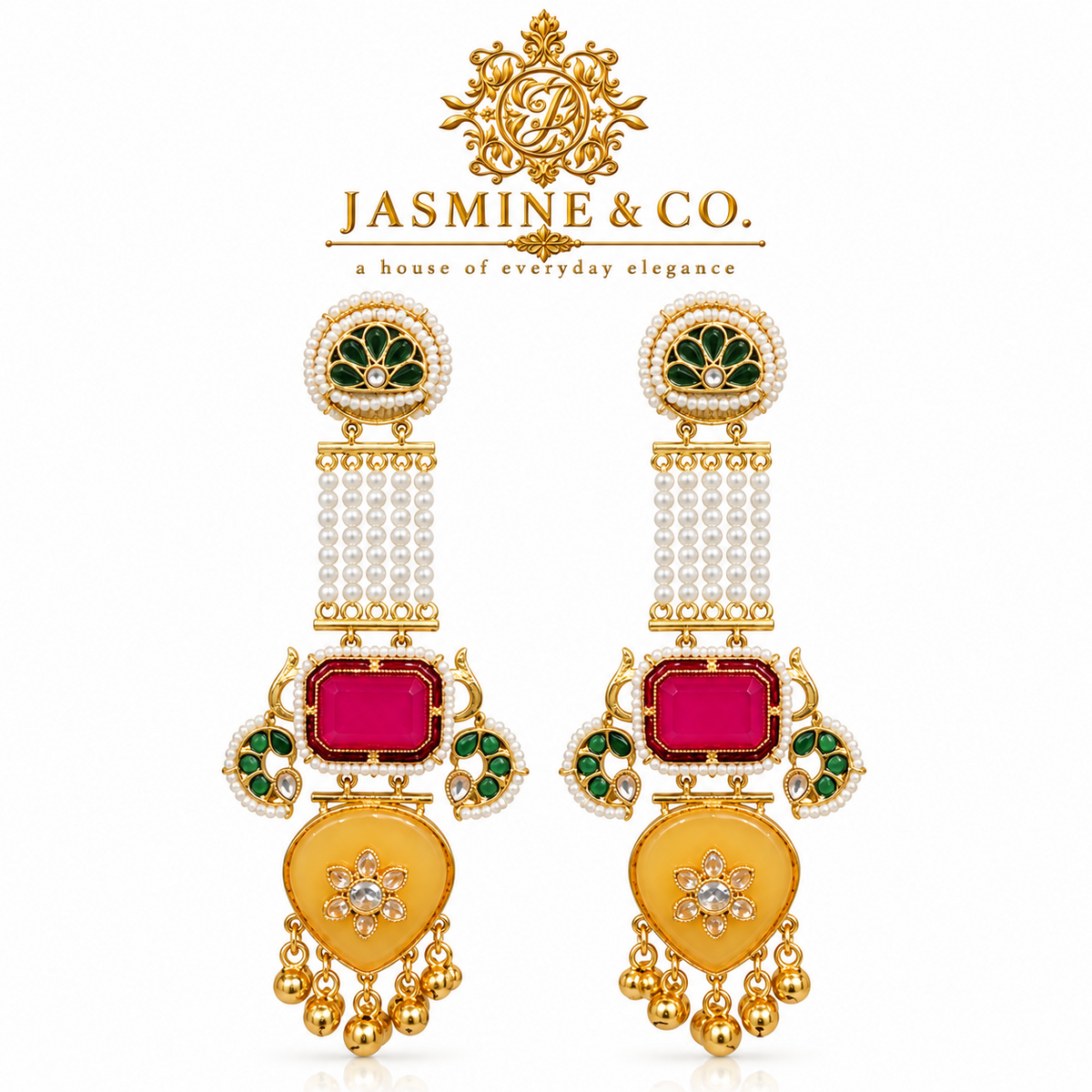 Jasmine and Co red and yellow gold plated Kashmiri long earrings — studio front view of earring pair