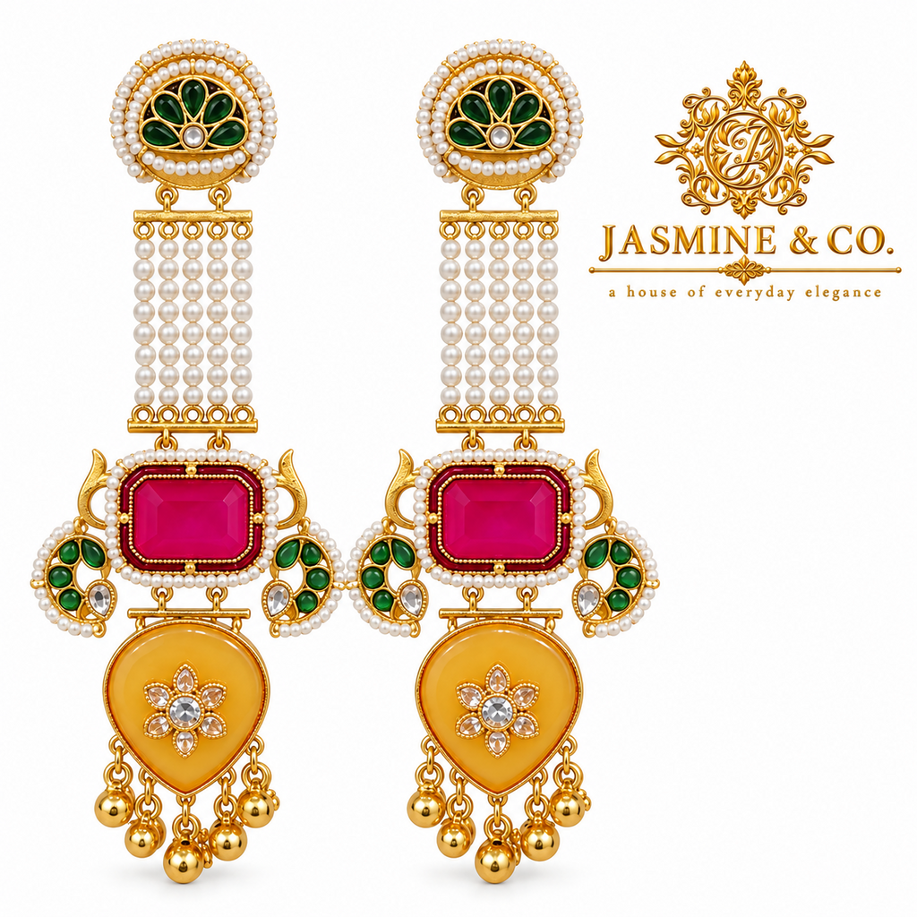 Jasmine and Co red and yellow gold plated Kashmiri long earrings — detail close-up of pair