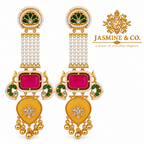 Jasmine and Co red and yellow gold plated Kashmiri long earrings — detail close-up of pair