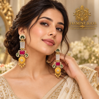 Jasmine and Co red and yellow gold plated Kashmiri long earrings — model wearing the earrings