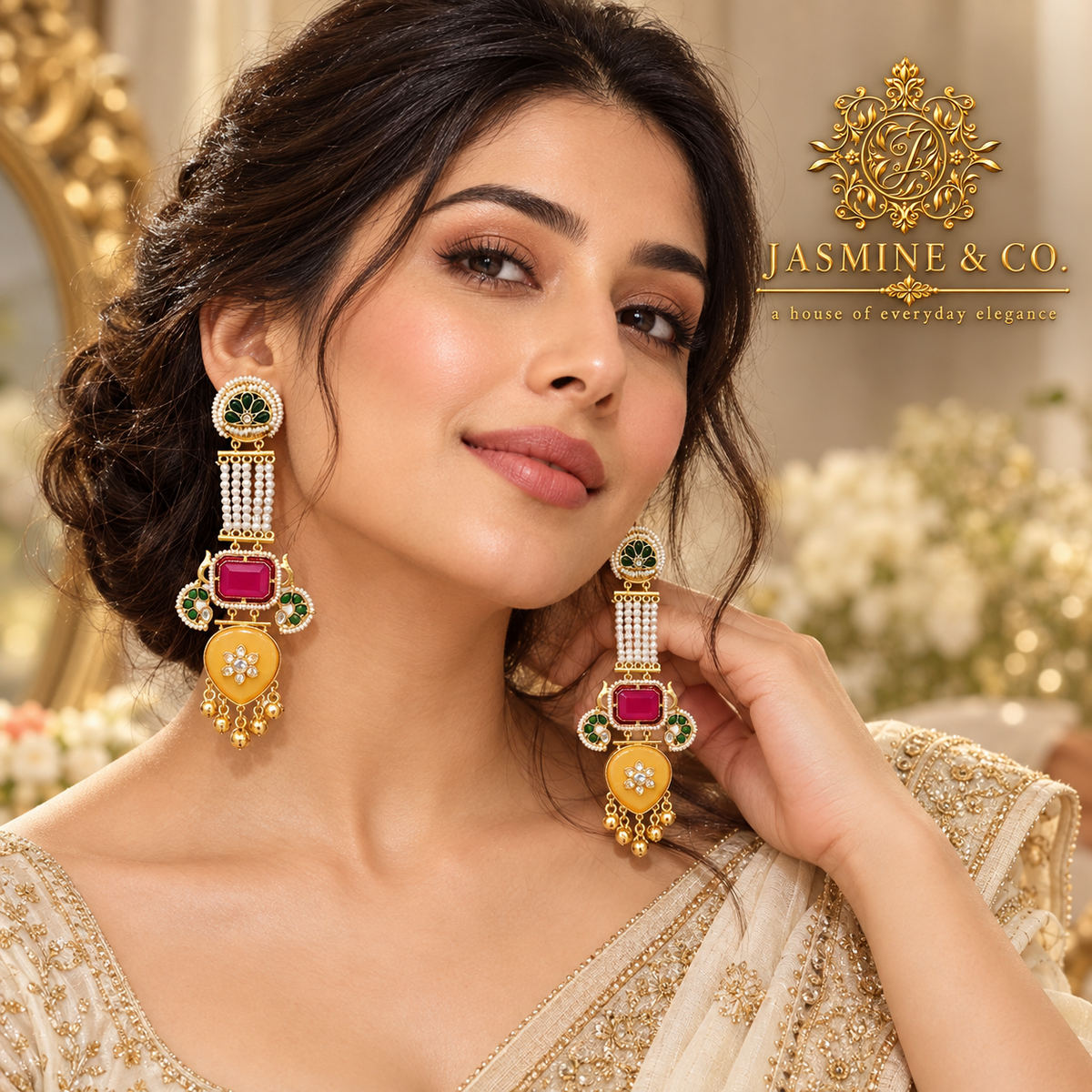 Jasmine and Co red and yellow gold plated Kashmiri long earrings — model wearing the earrings