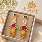 Jasmine and Co red and yellow gold plated Kashmiri long earrings — earring pair in Jasmine and Co branded gift box