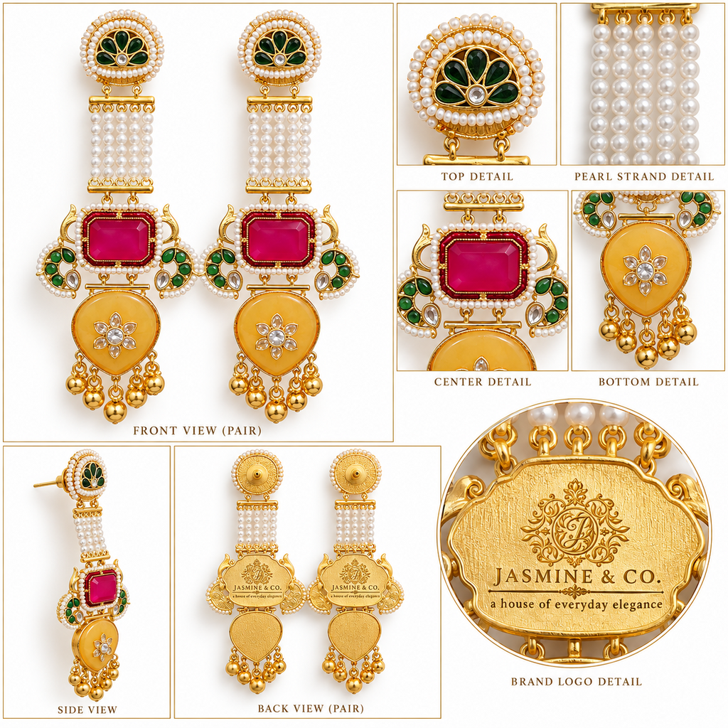 Jasmine and Co red and yellow gold plated Kashmiri long earrings — multi-angle collage with back view of earrings