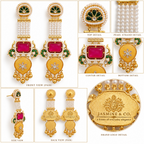 Jasmine and Co red and yellow gold plated Kashmiri long earrings — multi-angle collage with back view of earrings