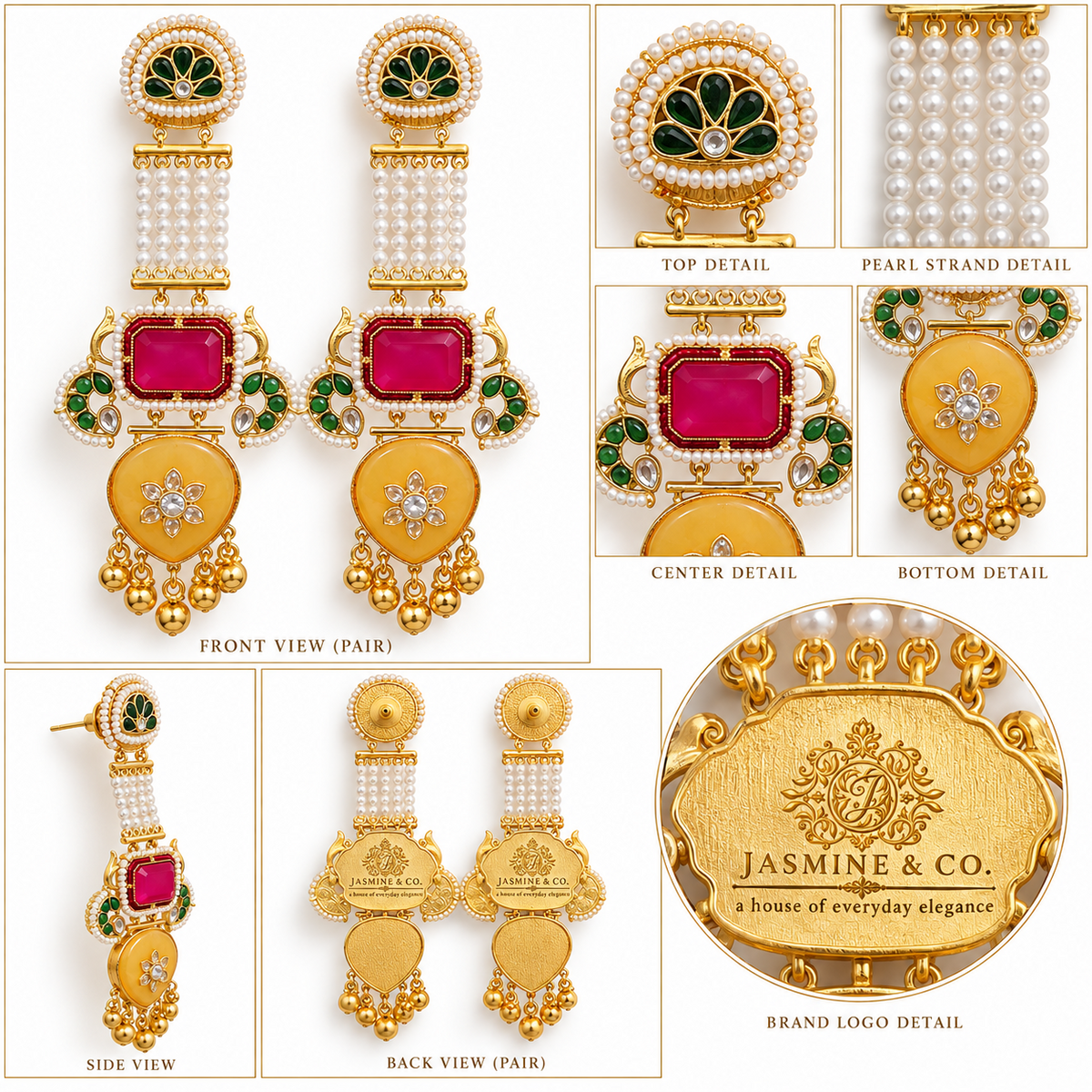 Jasmine and Co red and yellow gold plated Kashmiri long earrings — multi-angle collage with back view of earrings