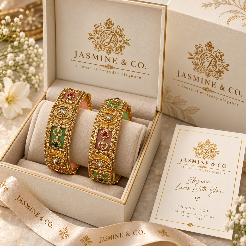 Gold Plated Indian Bangles-04 in Jasmine & Co. packaging