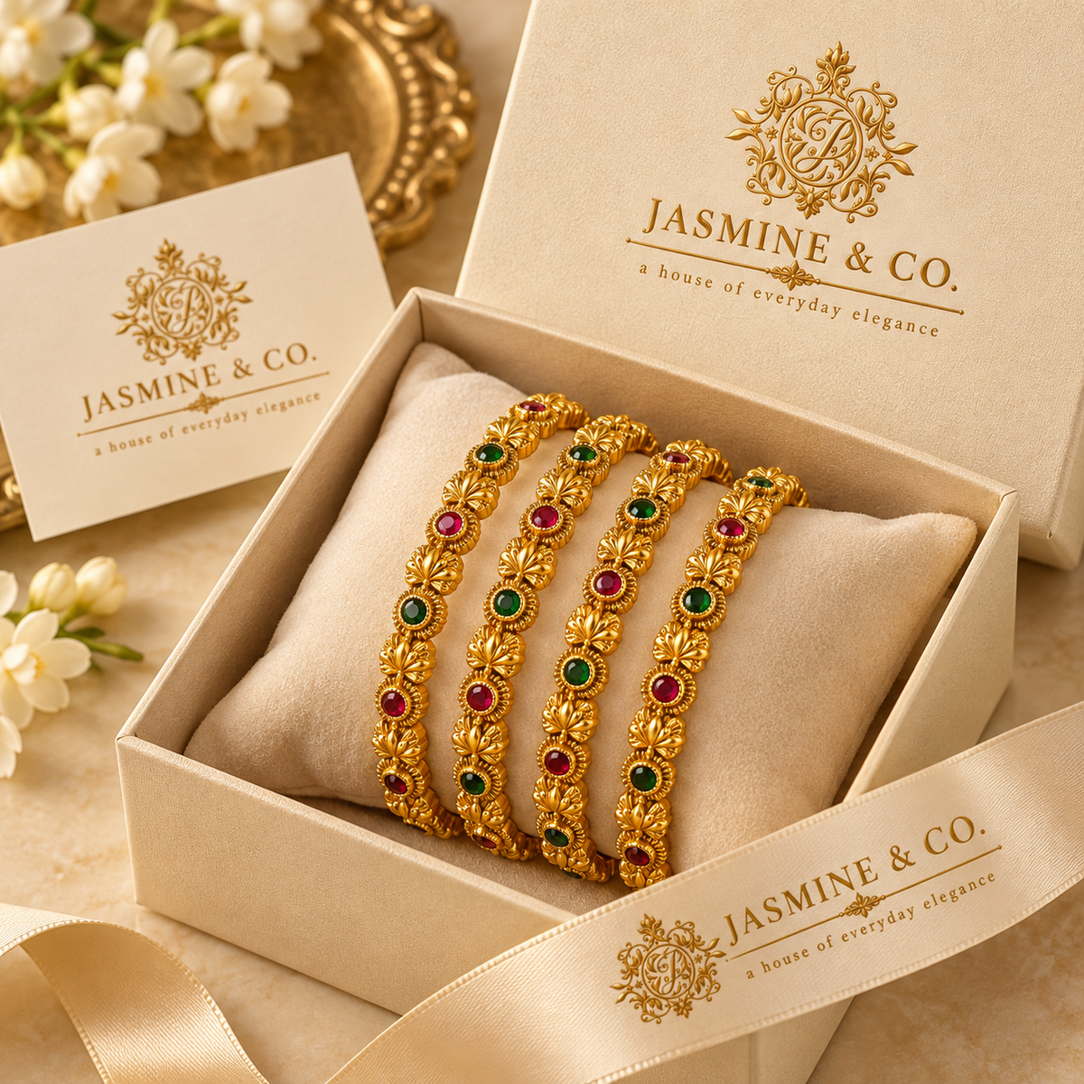 Gold Plated Indian Bangles-07 in Jasmine & Co. packaging