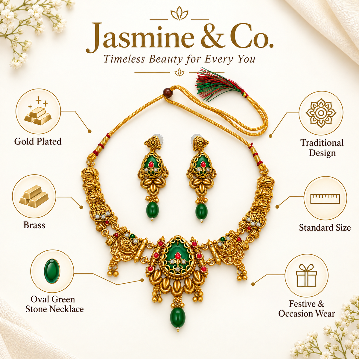 Product characteristics of gold-plated oval green stone necklace set
