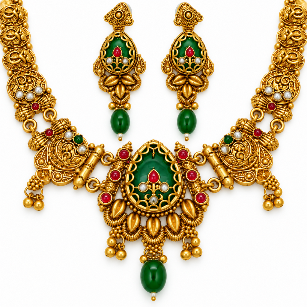 Close-up detail of gold-plated oval green stone necklace set and matching earrings