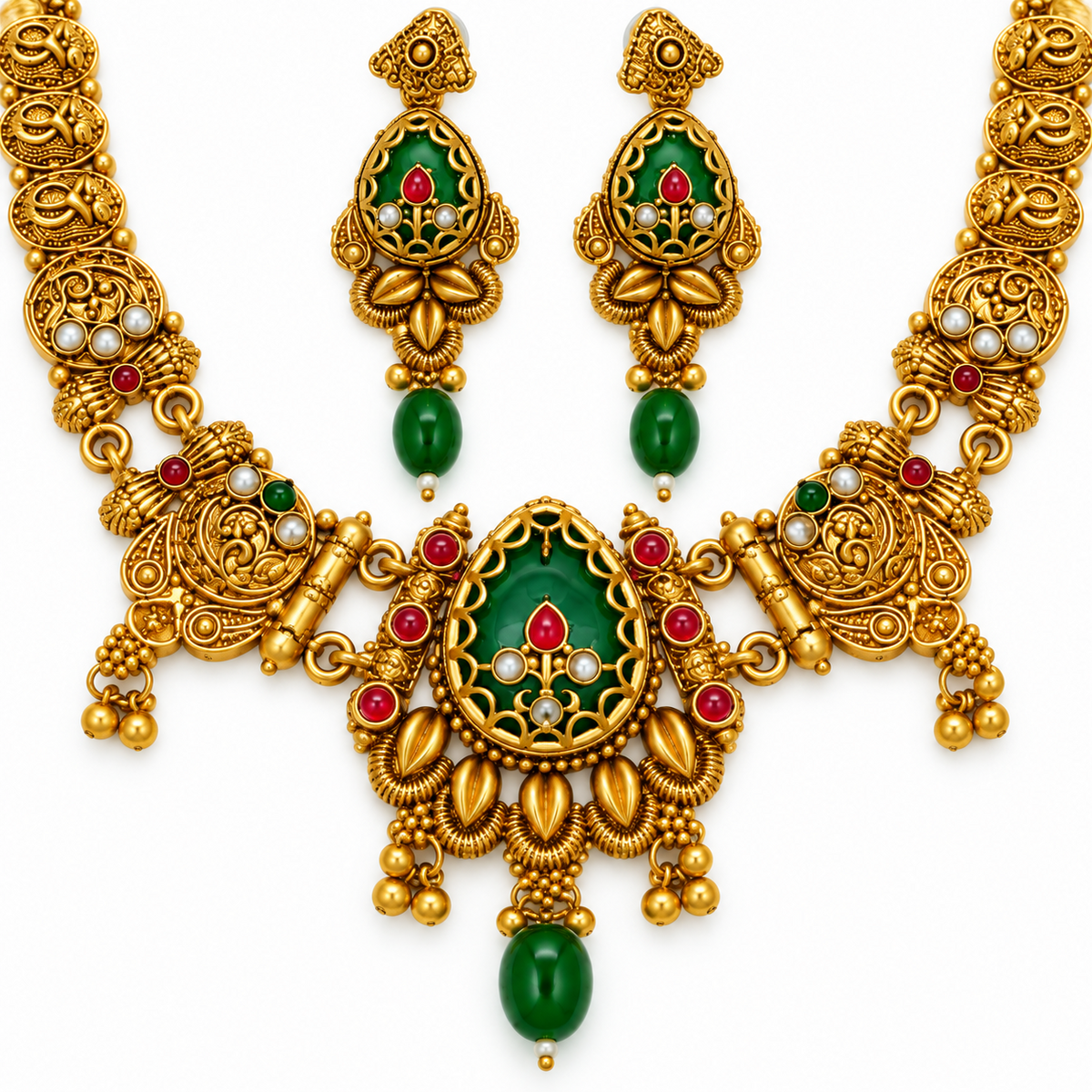 Close-up detail of gold-plated oval green stone necklace set and matching earrings