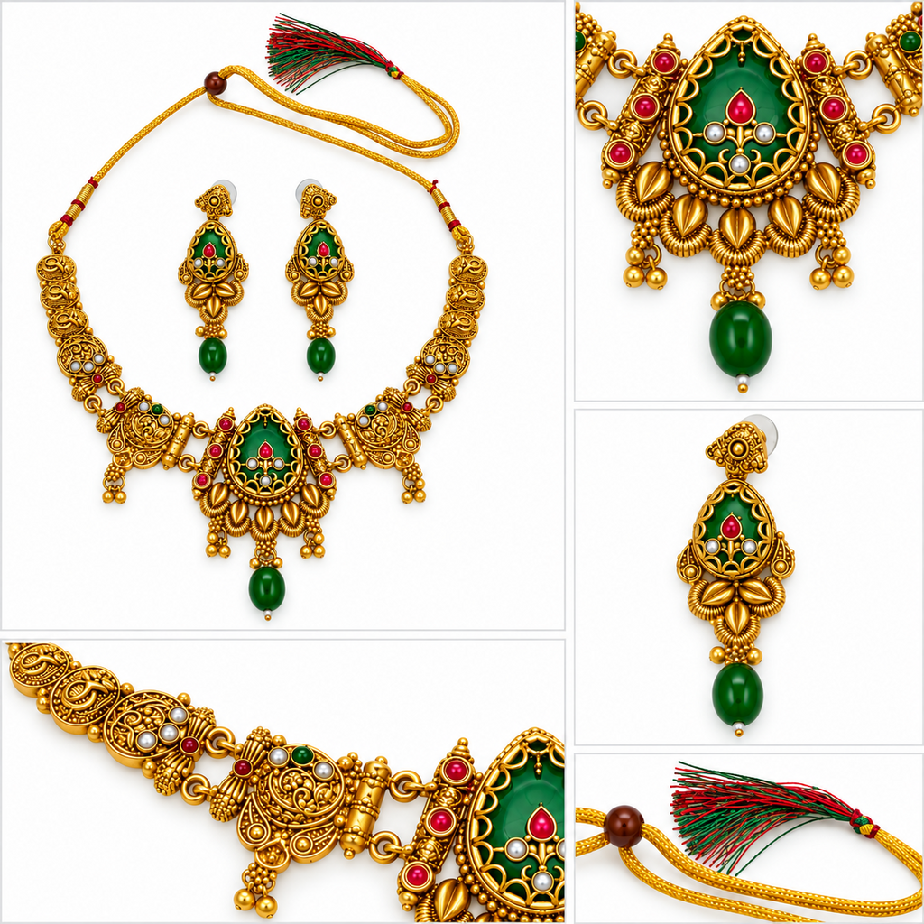 Multi-angle collage of gold-plated oval green stone necklace set
